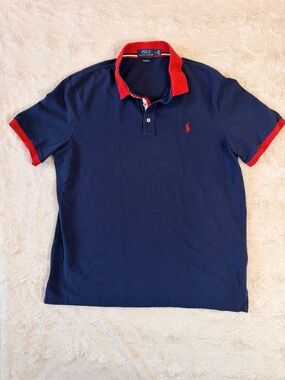 Polo Ralph Lauren Navy Blue & Red Classic Fit Mesh Polo L